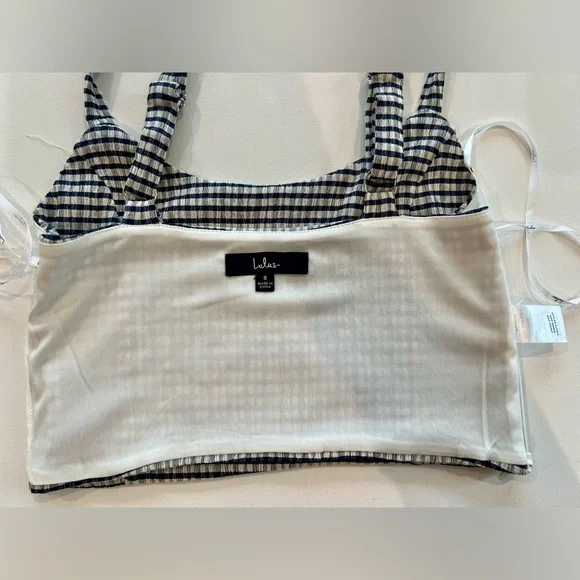 Lulu's Plaid White Navy Checkered Crop Top Cotton Blend Size Small - Picture 12 of 14
